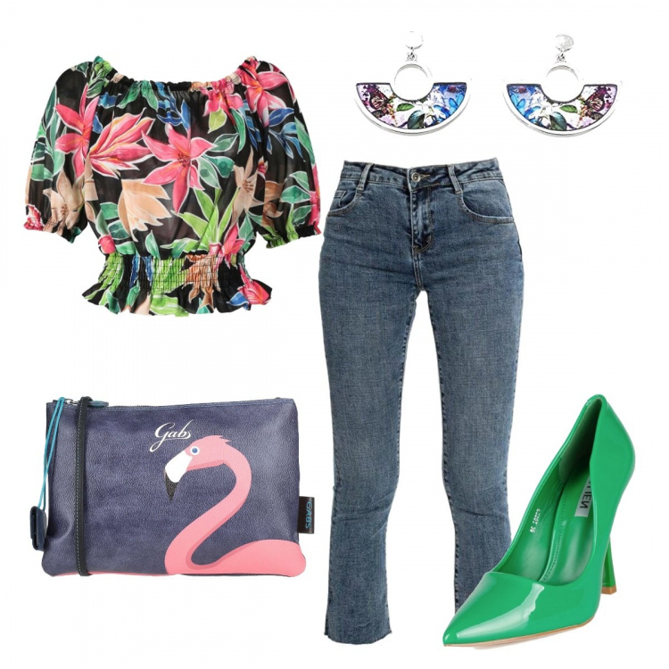 Outfit donna - Tropicana Summer Hit. Stile Trendy per Serata fuori. Abbinamento con borse a tracolla, jeans a zampa, top, décolleté, orecchini.