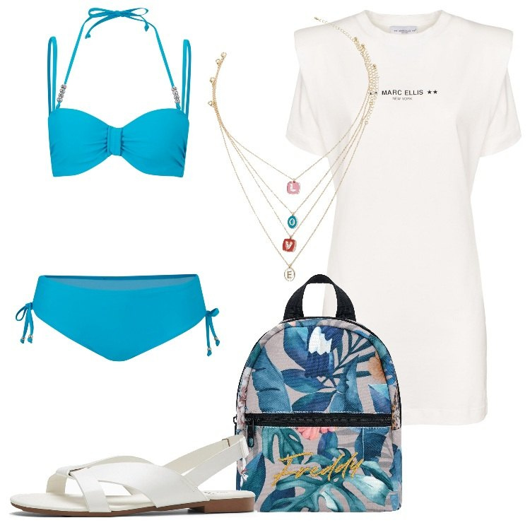 Outfit donna - Una gita in barca a vela. Stile Casual per Mare. Abbinamento con sandali, bikini, vestiti, collane, zaini.
