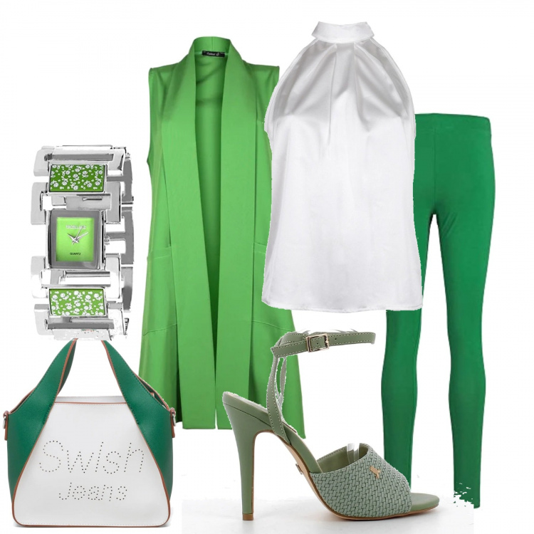 Outfit donna - Che finimondo...sul gilet!. Stile Casual chic per Serata fuori. Abbinamento con gilet, top, sandali in pelle, borse a mano, leggings, orologi.