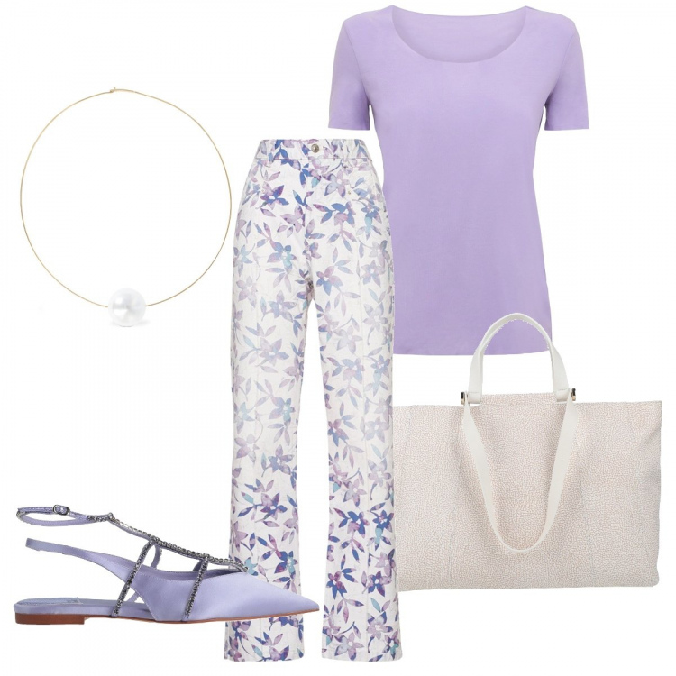 Outfit donna - Lilla o glicine. Stile Casual chic per Tutti i giorni. Abbinamento con ballerine, borse a mano, t-shirt, pantaloni, collane.