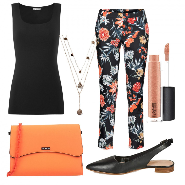 Outfit donna - Pantaloni a fiori. Stile Casual per Tutti i giorni. Abbinamento con pantaloni, ciondoli, borse a tracolla, top, mocassini, gloss.
