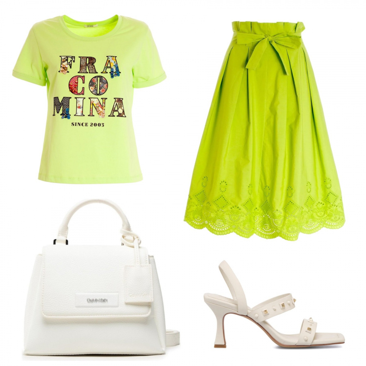 Outfit donna - Bianco e verde. Stile Romantica per Serata fuori. Abbinamento con borse a mano, gonne longuette, t-shirt, sandali col tacco.