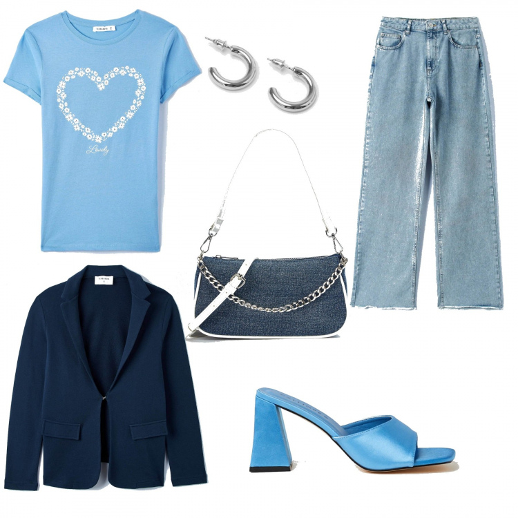 Outfit donna - All\'università in celeste. Stile Casual chic per Scuola/Università. Abbinamento con t-shirt, jeans dritti, blazer, borse a spalla, sandali col tacco, orecchini.