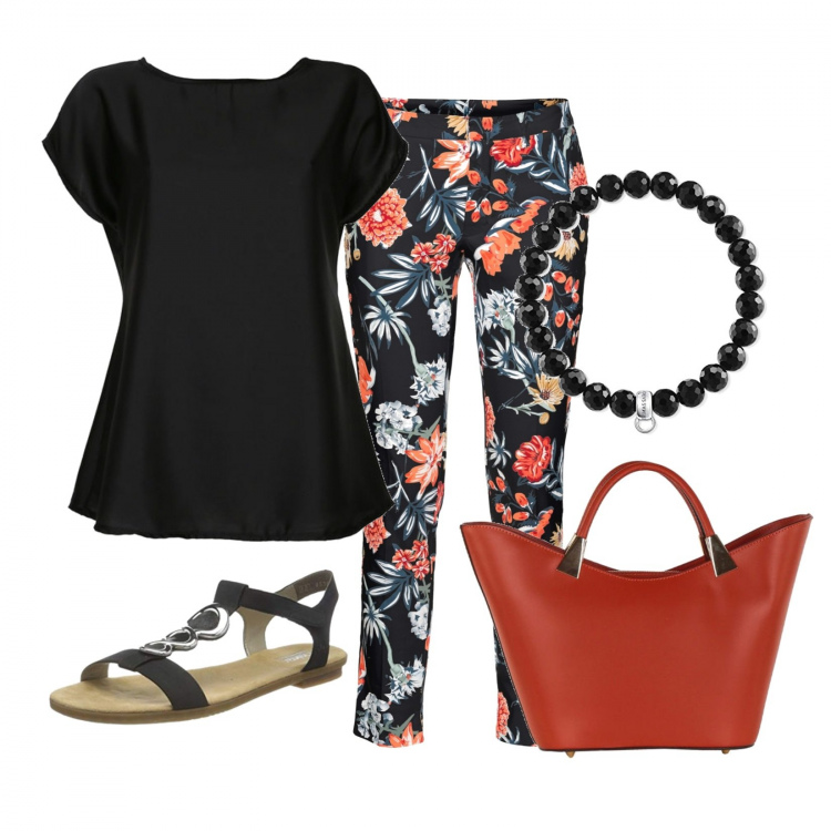 Outfit donna - Borsa arancione. Stile Casual per Tutti i giorni. Abbinamento con pantaloni, bluse, borse a mano, sandali in pelle, braccialetti.