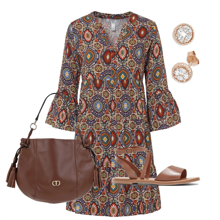 Outfit donna - Casual #13587. Stile Casual per Tutti i giorni. Abbinamento con vestiti corti, sandali in pelle, borse a mano, orecchini.