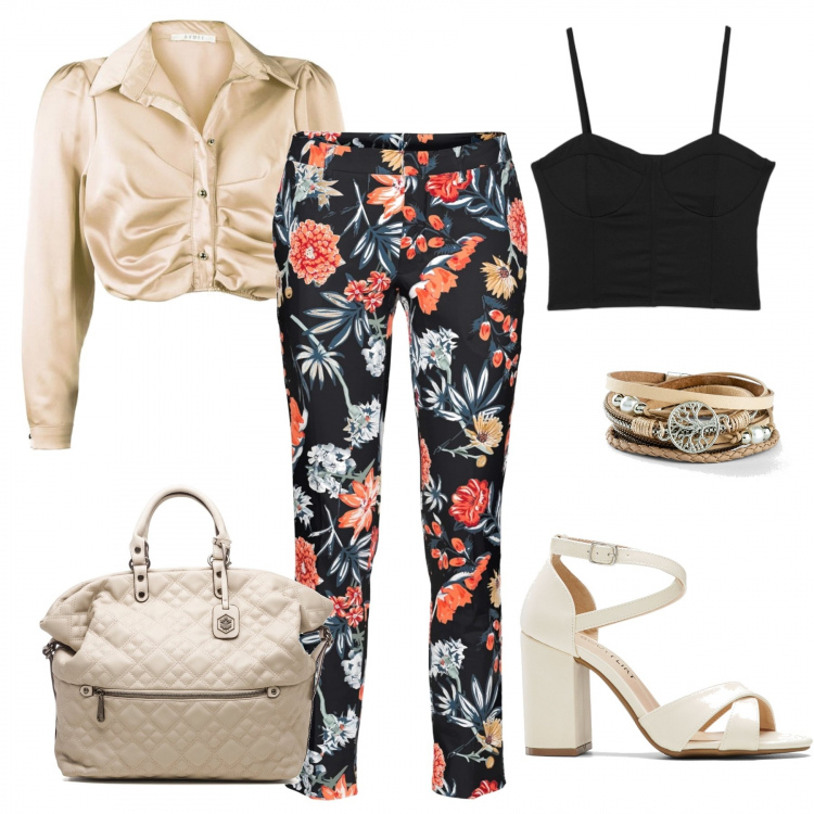 Outfit donna - Fiori in agosto. Stile Glamour per Tutti i giorni. Abbinamento con pantaloni, braccialetti, sandali col tacco, camicie, top, borse a mano.