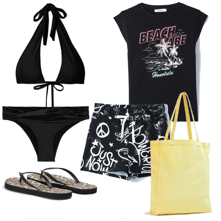 Outfit donna - Al mare con Terranova. Stile Trendy per Mare. Abbinamento con t-shirt, shopping bag, pantaloni corti, infradito, bikini, bikini.
