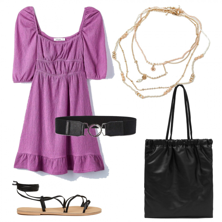 Outfit donna - Terranova Style on Sale. Stile Romantica per Tutti i giorni. Abbinamento con vestiti, cinture, ciondoli, shopping bag, sandali alla schiava.