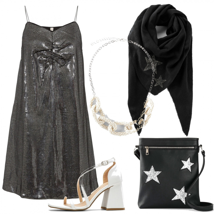 Outfit donna - Bon Prix Summer Party. Stile Glamour per Serata fuori. Abbinamento con foulard, vestiti, borse a tracolla, sandali col tacco, collane.