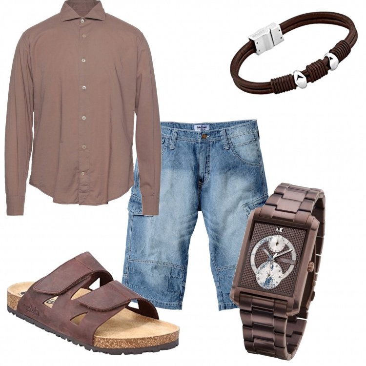 Outfit uomo - Bermuda jeans e camicia marrone. Stile Trendy per Tutti i giorni. Abbinamento con bermuda, camicie, sandali, orologi, braccialetti.