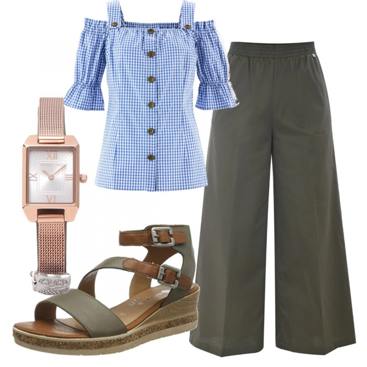 Outfit donna - Total look #1389815. Stile Casual chic per Tutti i giorni. Abbinamento con camicie a manica corta, orologi, pantaloni a palazzo, sandali alla schiava.