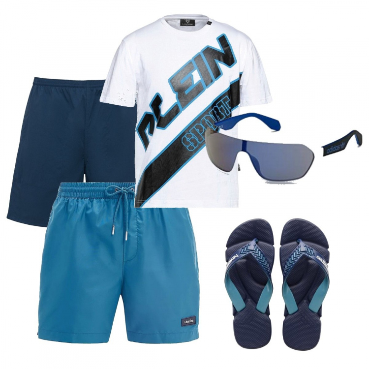 Outfit uomo - Ferragosto al mare 1. Stile Trendy per Mare. Abbinamento con t-shirt, costumi, occhiali da sole, shorts, sandali.