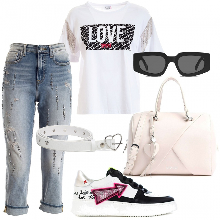 Outfit donna - Love strass. Stile Trendy per Tutti i giorni. Abbinamento con borse a mano, sneakers, occhiali da sole, jeans, t-shirt, cinture.