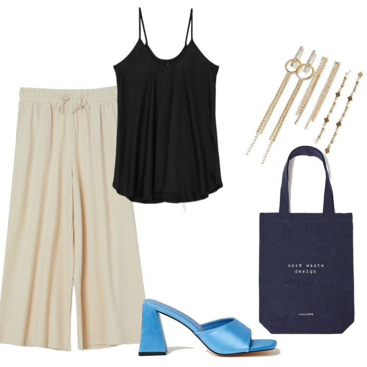 Outfit donna - Trendy look for sales. Stile Casual chic per Tutti i giorni. Abbinamento con pantaloni a palazzo, canottiere, top, sandali col tacco, shopping bag, orecchini.