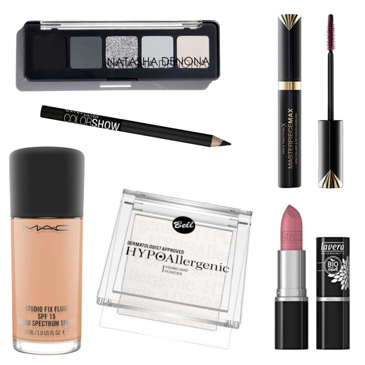 Outfit donna - Il beauty ideale. Stile Glamour per Serata fuori. Abbinamento con ombretti, rossetti, ciprie, eyeliner, fondotinta, mascara.