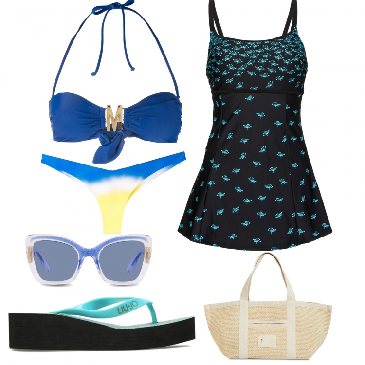 Outfit donna - Ultimo giorno in Piscina. Stile Casual chic per Mare. Abbinamento con vestiti da spiaggia, infradito, occhiali da sole, bikini, bikini, shopping bag.