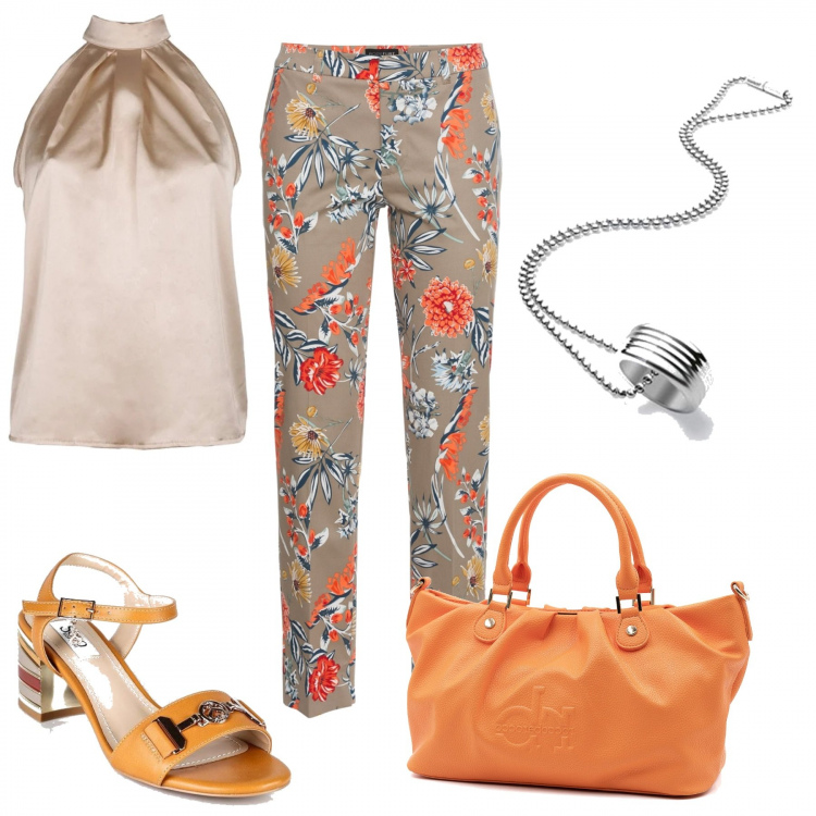 Outfit donna - Fiori in agosto. Stile Casual chic per Tutti i giorni. Abbinamento con pantaloni, top, sandali in pelle, borse a mano, collane.