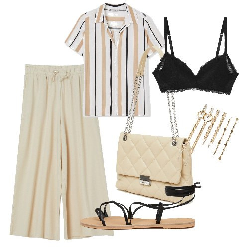 Outfit donna - I saldi color panna. Stile Casual chic per Tutti i giorni. Abbinamento con pantaloni a palazzo, camicie, borse a spalla, reggiseni, sandali alla schiava, orecchini.