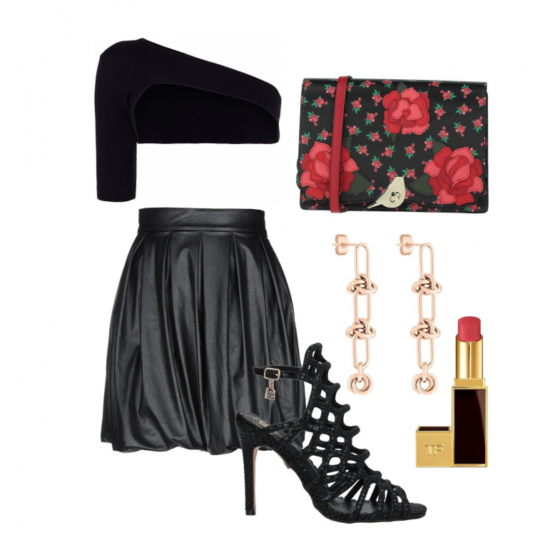 Outfit donna - Ti conquisto così. Stile Glamour per Serata fuori. Abbinamento con minigonne, borse a tracolla, sandali col tacco, rossetti, top, orecchini.