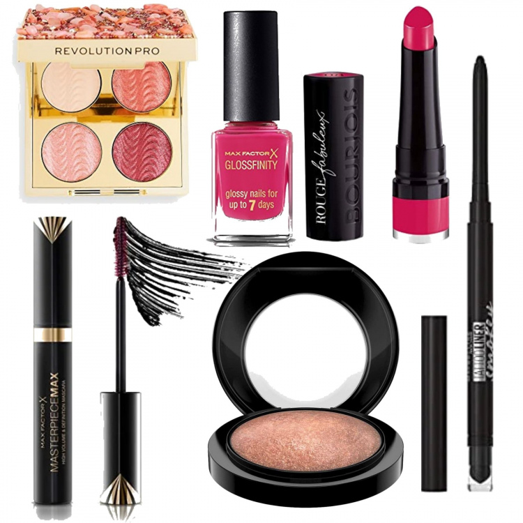 Outfit donna - My Summer Beauty Box in fucsia. Stile Glamour per Serata fuori. Abbinamento con terre, ombretti, rossetti, eyeliner, mascara, smalti.