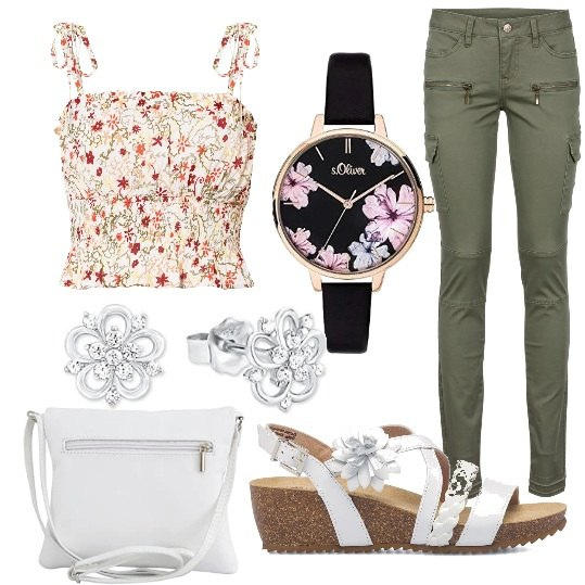 Outfit donna - Fiori in agosto!. Stile Casual chic per Tutti i giorni. Abbinamento con pantaloni cargo, top, sandali in pelle, borse a tracolla, orologi analogici, orecchini.
