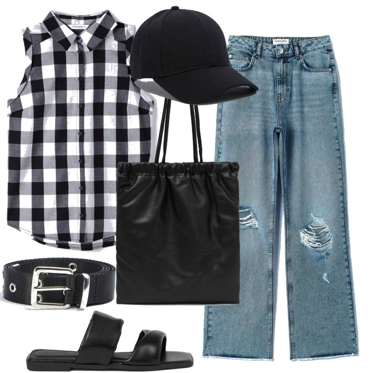 Outfit donna - Hipster estivo. Stile Casual per Tutti i giorni. Abbinamento con camicie, cinture, cappelli con visiera, jeans dritti, ciabatte, shopping bag.