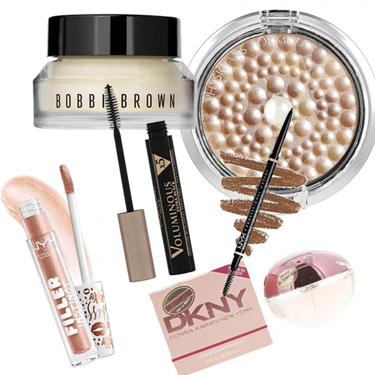 Outfit donna - Beauty box in vacanza. Stile Basic per Tutti i giorni. Abbinamento con terre, primer, matite sopracciglia, gloss, profumi, mascara.