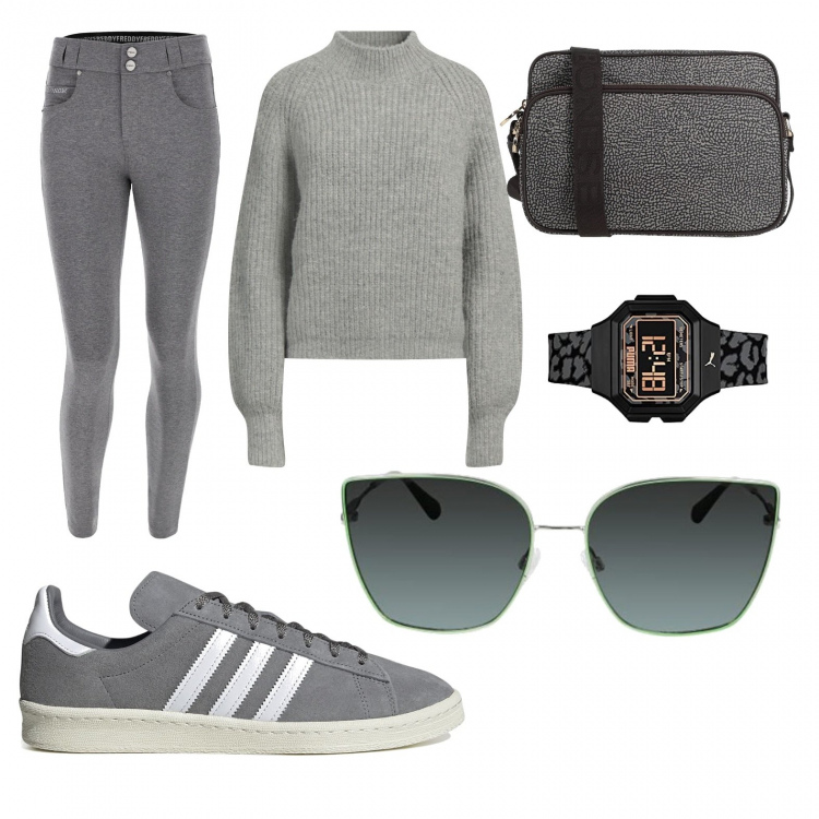 Outfit donna - 50 sfumature di grigio. Stile Urban per Sport. Abbinamento con maglieria, borse a tracolla, pantaloni skinny, sneakers, occhiali da sole, orologi digitali.