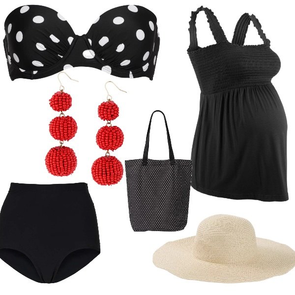 Outfit donna - Premaman glam beach. Stile Bon Ton per Mare. look ideale per Premaman. Abbinamento con culotte, reggiseno, top premaman nero, orecchini a goccia rosso, shopping bag, cappello.