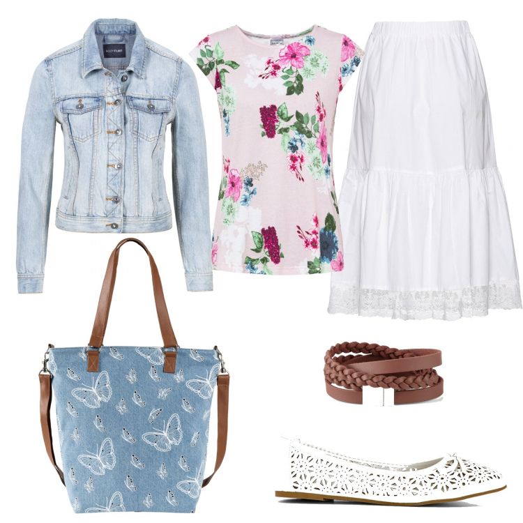 Outfit donna - Tu sei romantica. Stile Romantica per Tutti i giorni. Abbinamento con gonne, giacche sportive, maglieria, ballerine, shopping bag, braccialetti.