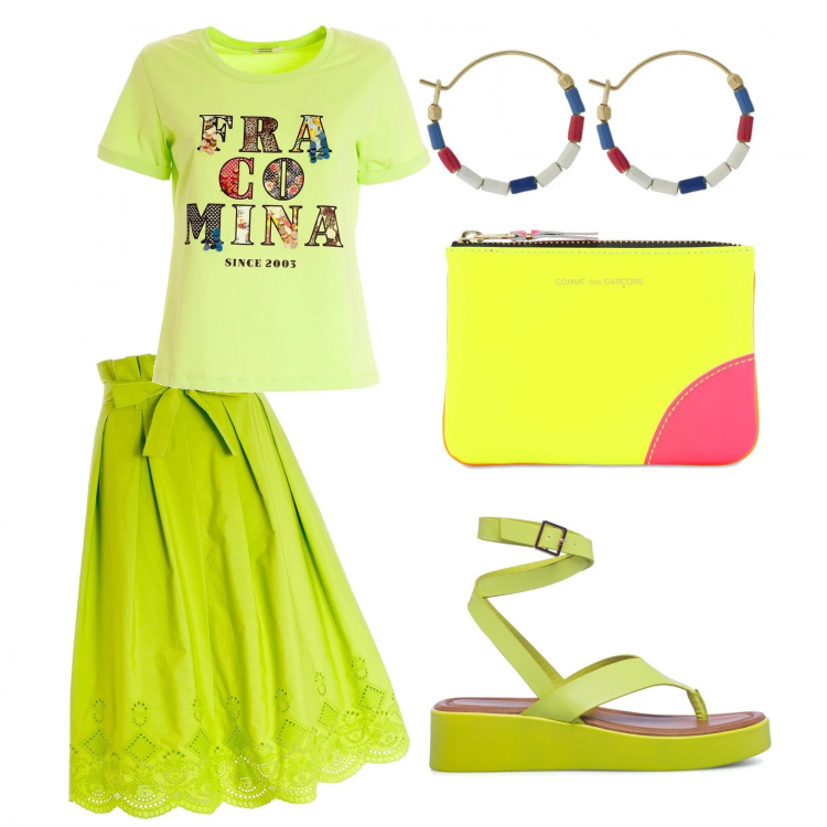 Outfit donna - Pittarosso Fluo d\'estate. Stile Preppy per Mare. Abbinamento con t-shirt, gonne longuette, infradito, orecchini, portafogli.