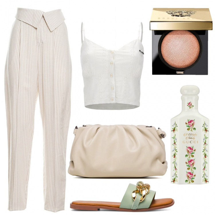 Outfit donna - Crema&pistacchio. Stile Romantica per Tutti i giorni. Abbinamento con pantaloni, top, borse a tracolla, sandali in pelle, profumi, ombretti.