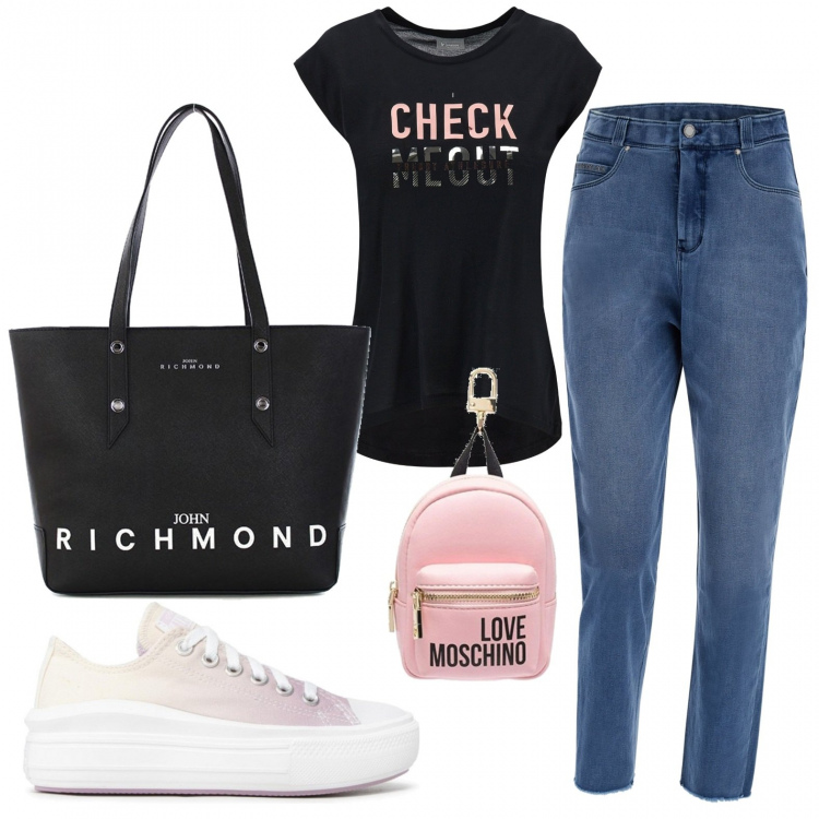 Outfit donna - Portachiavi per la shopping bag. Stile Trendy per Scuola/Università. Abbinamento con sneakers, portachiavi, shopping bag, t-shirt, jeans.