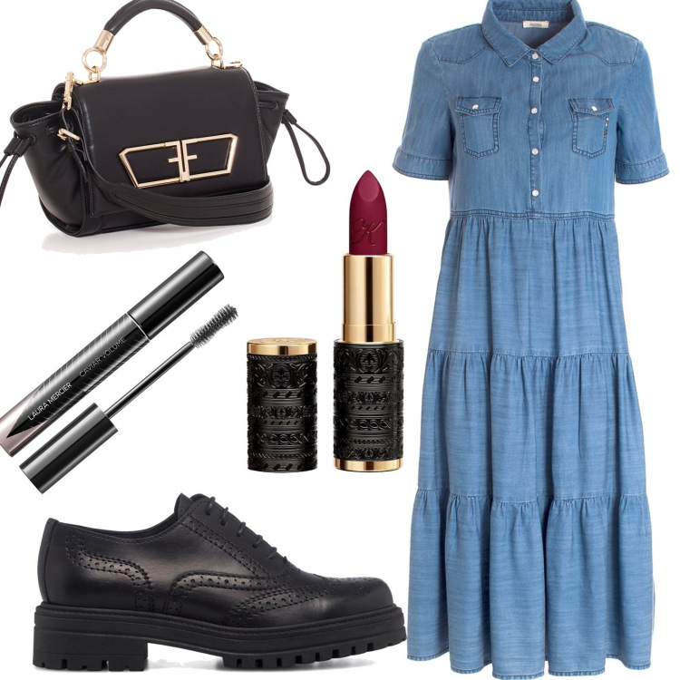 Outfit donna - Outfit pratico e chic con PittaRosso. Stile Casual chic per Tutti i giorni. look ideale per Tall. Abbinamento con vestiti, borse a spalla, scarpe stringate, rossetti, mascara.