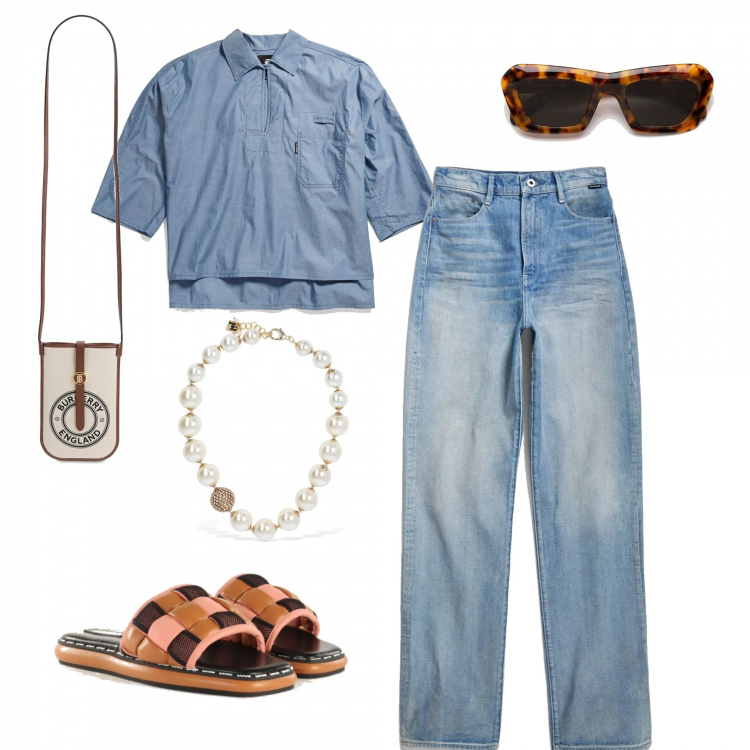 Outfit donna - G-Star Raw urban chic. Stile Urban per Tutti i giorni. Abbinamento con occhiali da sole, jeans, infradito, polo, borse a spalla, collane.