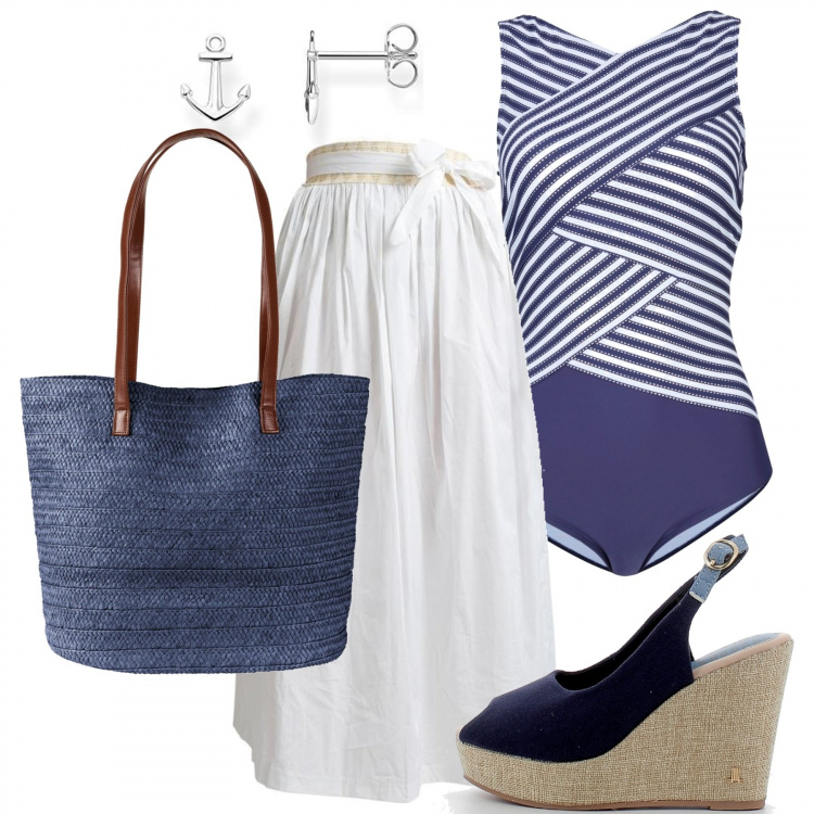 Outfit donna - Mare a righe. Stile Bon Ton per Mare. Abbinamento con costumi interi, shopping bag, gonne lunghe, zeppe, orecchini.