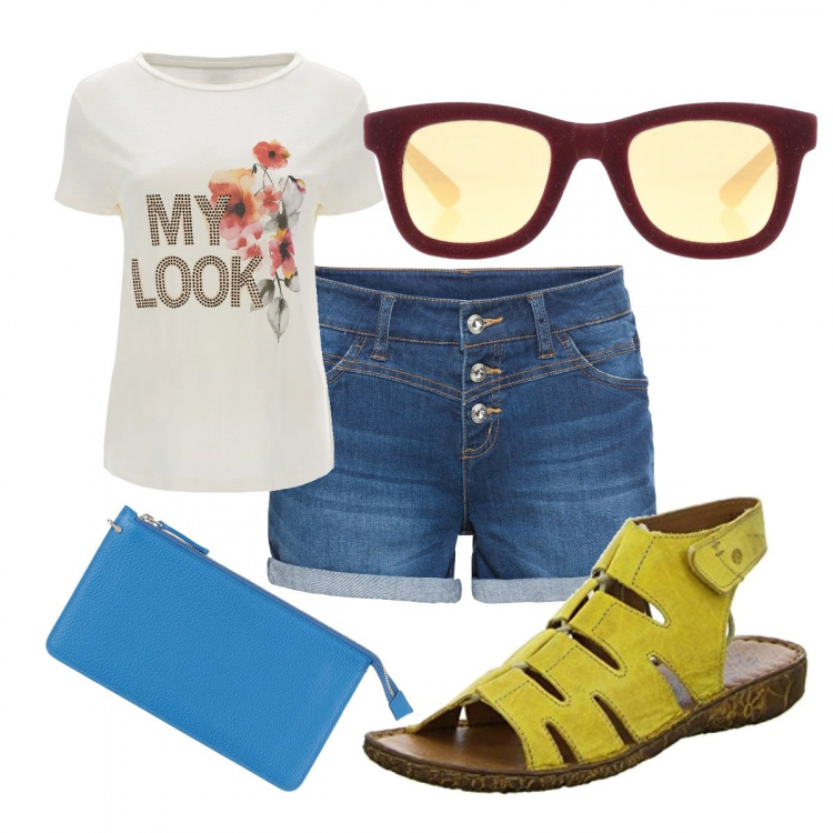 Outfit donna - Total look #1390768. Stile Sporty chic per Mare. Abbinamento con shorts, occhiali da sole, pochette, t-shirt, sandali alla schiava.