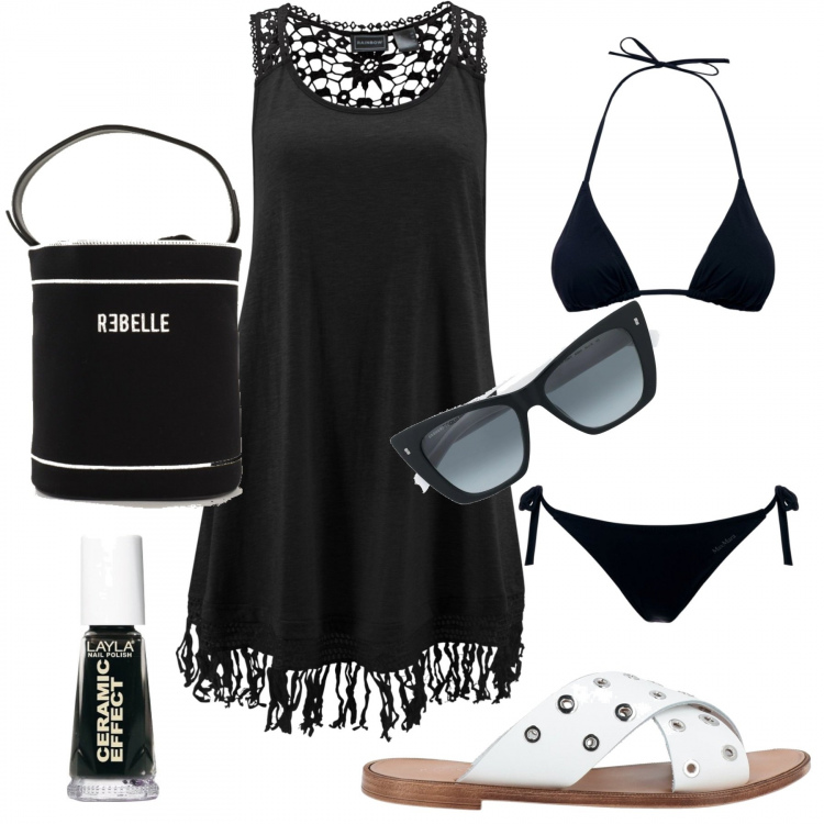 Outfit donna - Nero e bianco al top. Stile Casual chic per Mare. Abbinamento con vestiti da spiaggia, sandali in pelle, borse a secchiello, occhiali da sole, smalti, bikini.