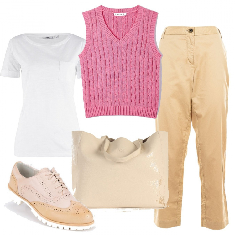 Outfit donna - Il gilet rosa. Stile Preppy per Tutti i giorni. Abbinamento con t-shirt, francesine, maglieria, pantaloni capri, shopping bag.
