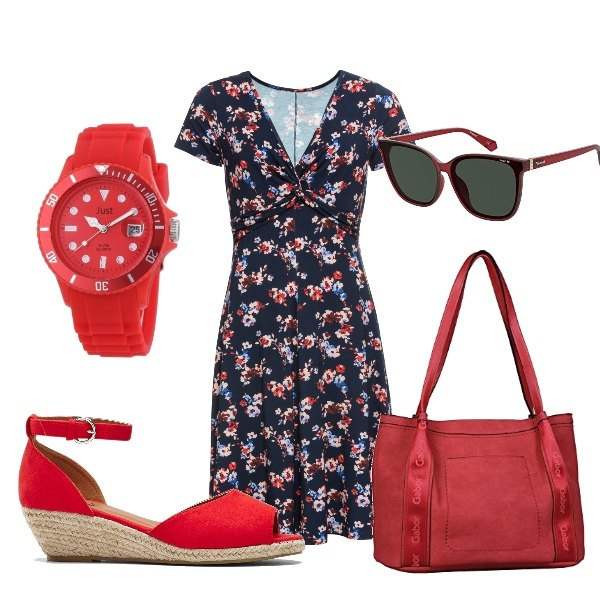 Outfit donna - Per negozi, con mia sorella. Stile Basic per Tutti i giorni. Abbinamento con vestiti lunghi, sandali, shopping bag, orologi, occhiali da sole.
