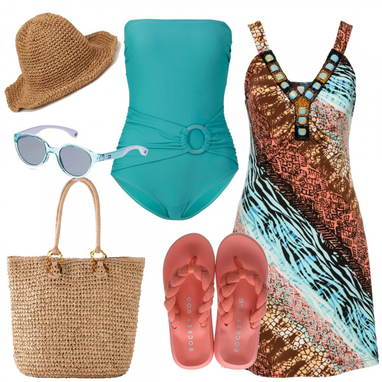 Outfit donna - Al mare. Stile Etnico per Mare. Abbinamento con vestiti, costumi interi, shopping bag, cappelli con visiera, infradito, occhiali da sole.