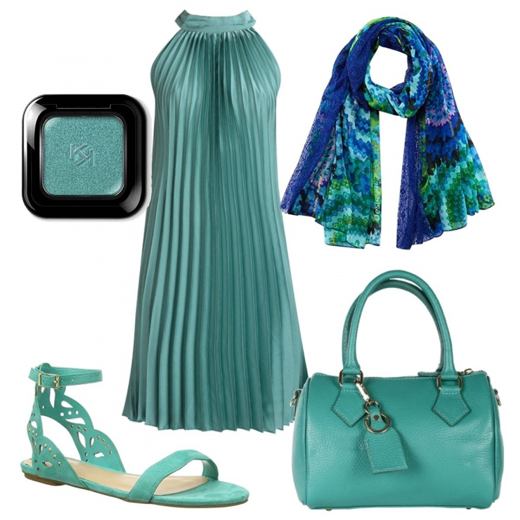 Outfit donna - Passione acquamarina. Stile Trendy per Serata fuori. Abbinamento con vestiti senza maniche, borse a mano, scarpe col tacco, sciarpe, ombretti.