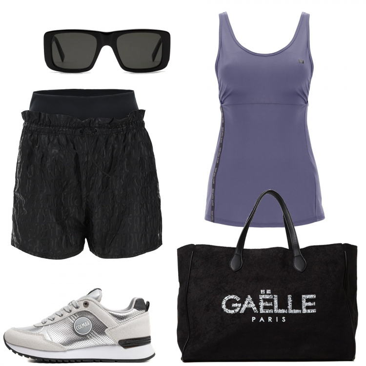 Outfit donna - Freddy in Saldo. Stile Sporty chic per Sport. Abbinamento con sneakers, shopping bag, occhiali da sole, shorts, canottiere.