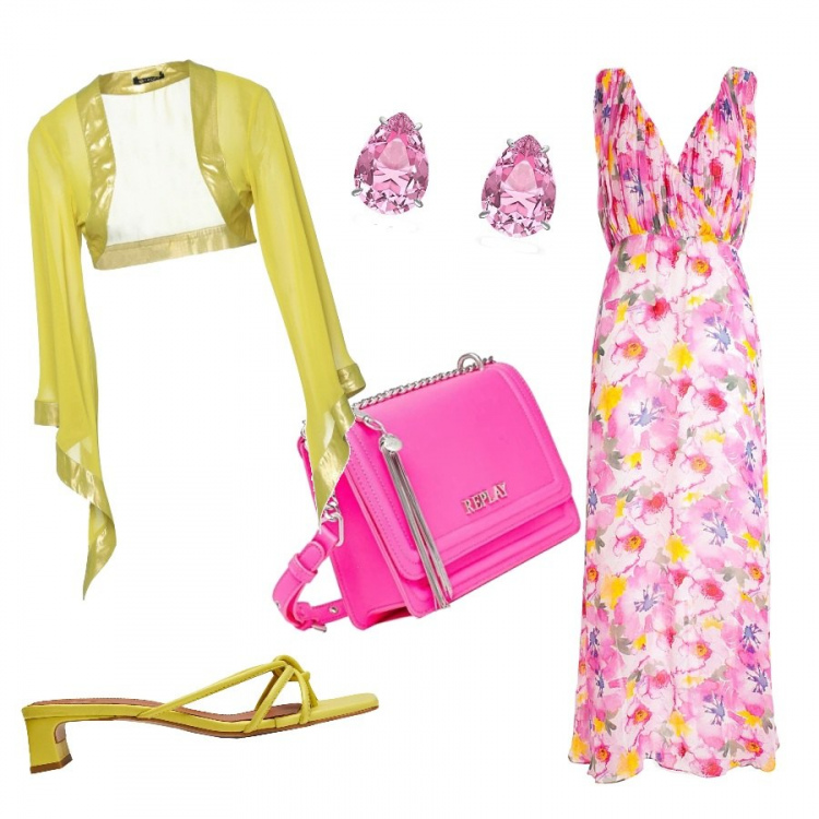 Outfit donna - Serata d\'agosto. Stile Chic per Serata fuori. Abbinamento con bolero, infradito, vestiti lunghi, orecchini, borse a spalla.