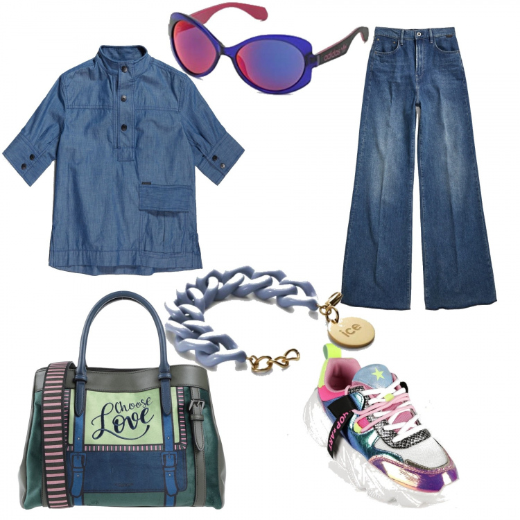 Outfit donna - Non solo blu. Stile Urban per Tutti i giorni. Abbinamento con borse a mano, sneakers alte, jeans, camicie a manica corta, braccialetti, occhiali da sole.