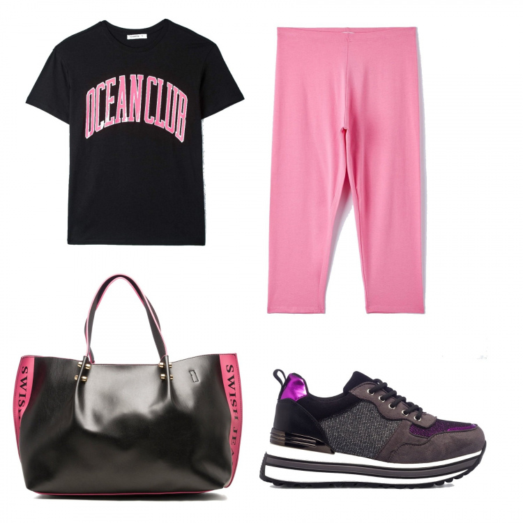 Outfit donna - Nero e rosa per i saldi PittaRosso. Stile Sporty chic per Sport. Abbinamento con leggings, t-shirt, borse a spalla, sneakers.