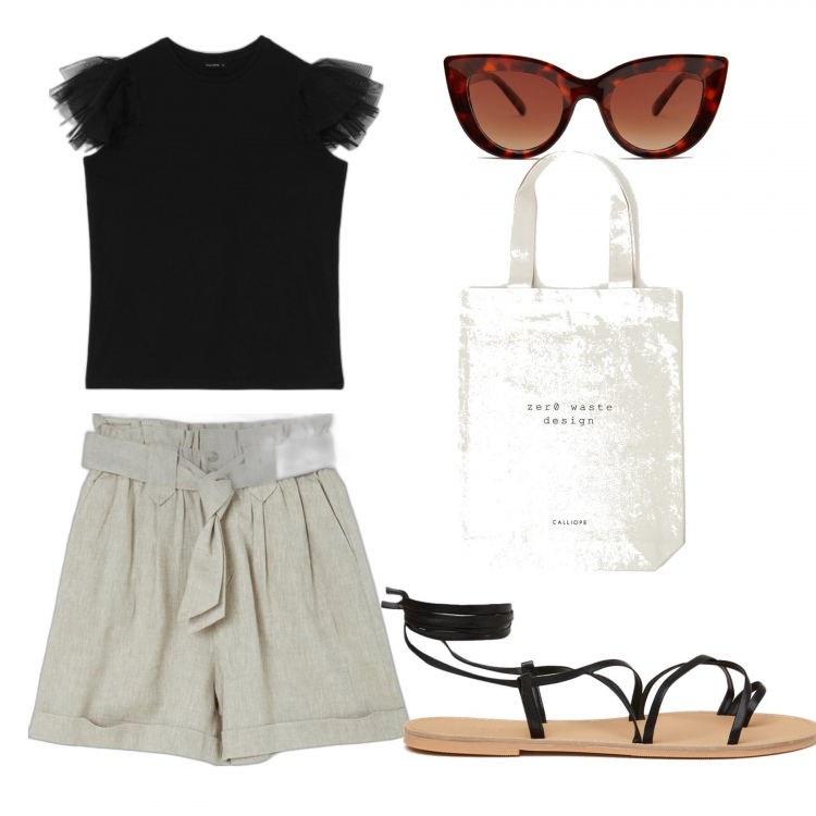 Outfit donna - Passeggiata sul lungo mare. Stile Casual per Mare. Abbinamento con t-shirt, bermuda, occhiali da sole, shopping bag, sandali alla schiava.