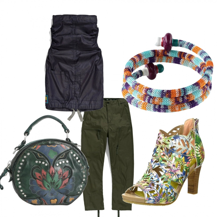 Outfit donna - G-Star RAW molto chic. Stile Casual chic per Tutti i giorni. Abbinamento con borse a mano, braccialetti, top, pantaloni cargo, sandali.