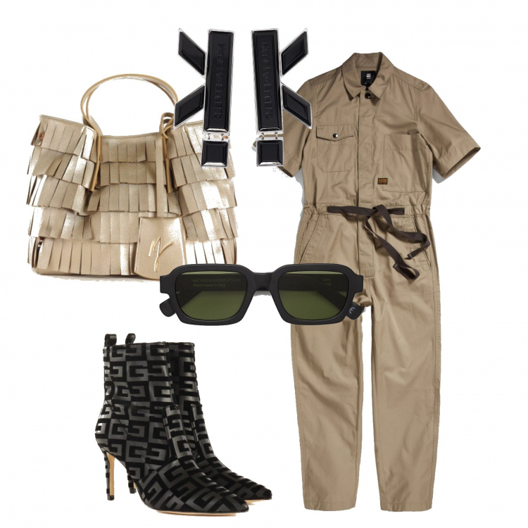 Outfit donna - Total look #1391188. Stile Casual per Tutti i giorni. Abbinamento con occhiali da sole, tute, borse a mano, stivaletti, orecchini.