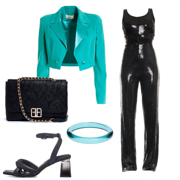 Outfit donna - Glamour con PittaRosso. Stile Glamour per Serata fuori. Abbinamento con tute, blazer, clutch, sandali col tacco, braccialetti.
